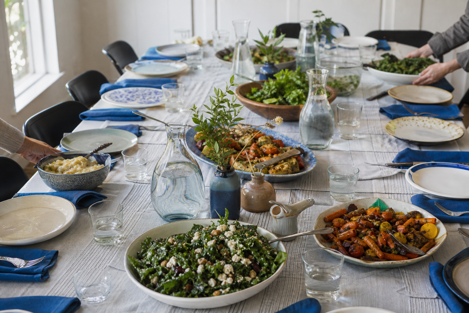 Lange gezamenlijke tafel met salades, geroosterde groenten, borden en waterkaraffen