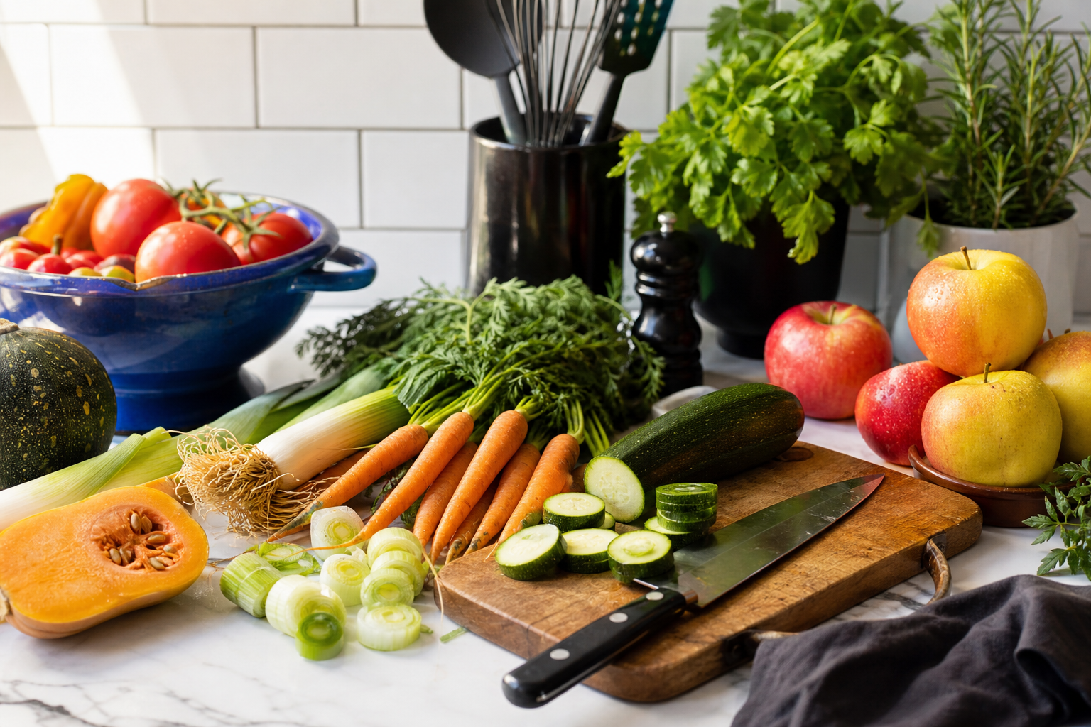 Keukenblad met prei, wortels, courgette, tomaten, appels, pompoen en verse kruiden
