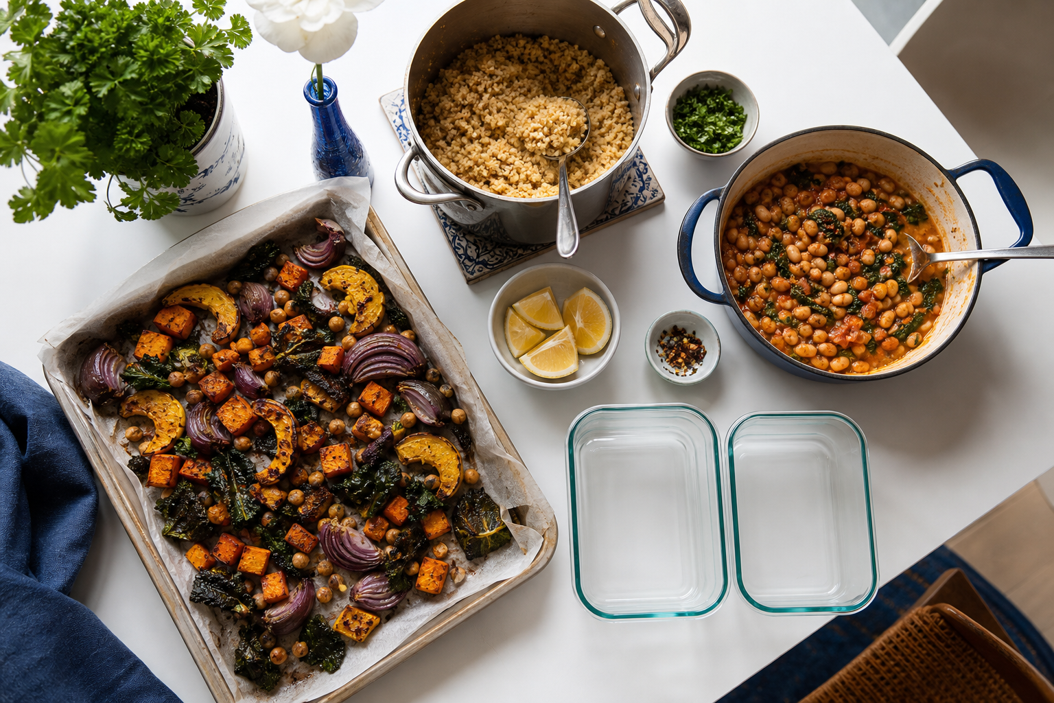 Tafel met geroosterde groenten, granen, bonenstoof en lege bakjes voor restjes